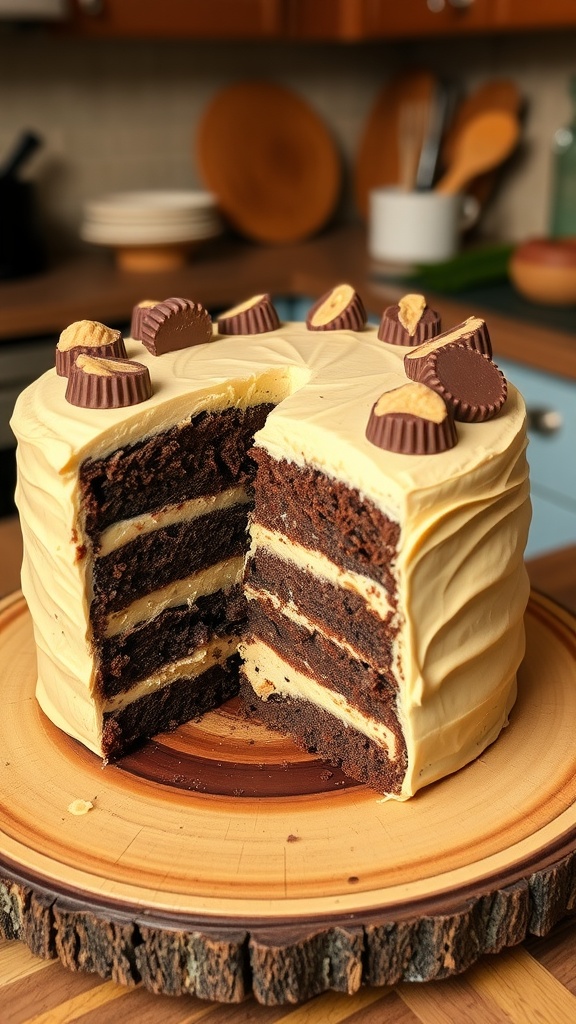 A layered chocolate cake with peanut butter frosting and peanut butter cups, displayed on a wooden plate with a slice removed.